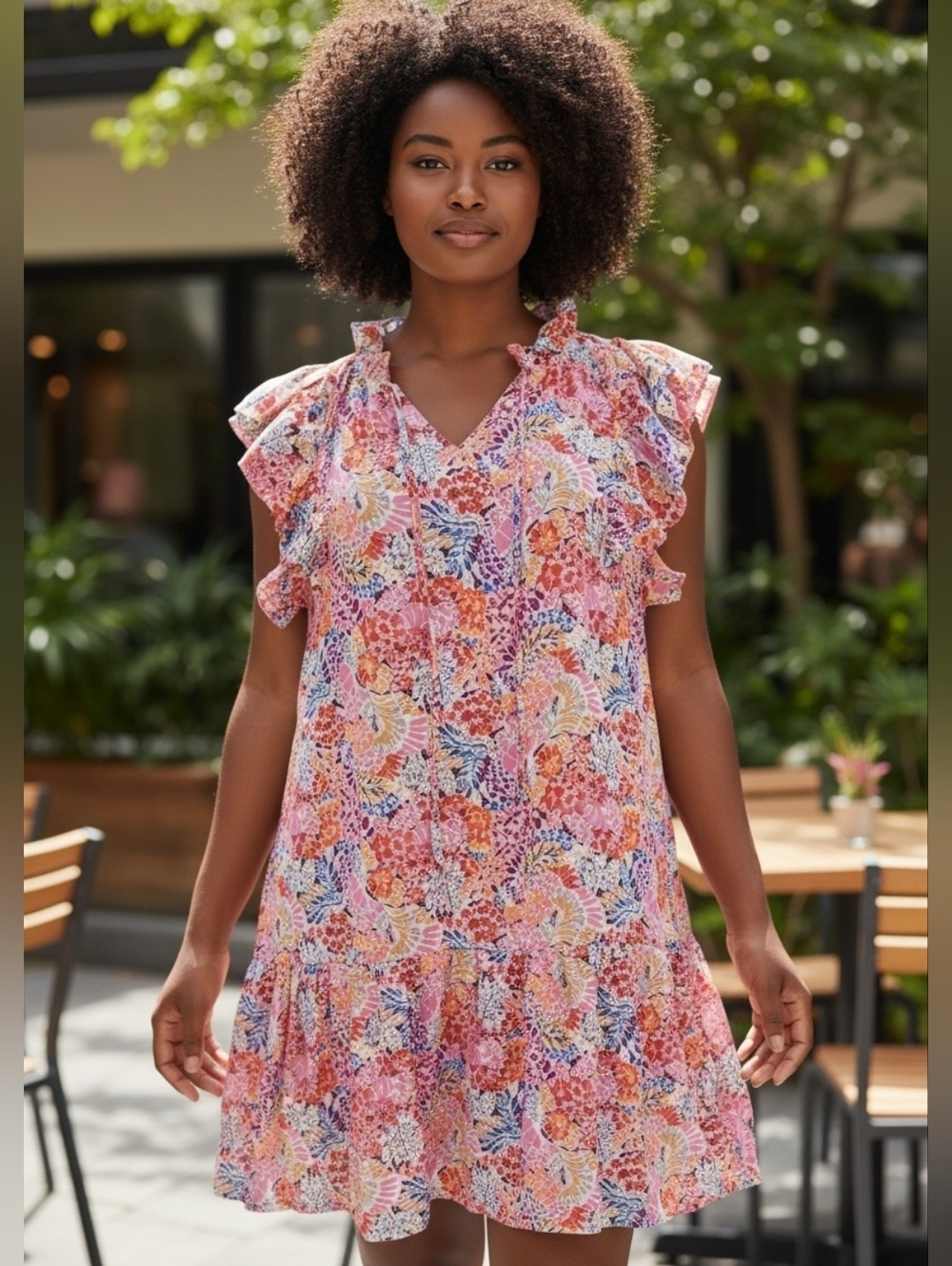 Double Take Floral Ruffle Sleeve Shift Dress Size L Pink Boho